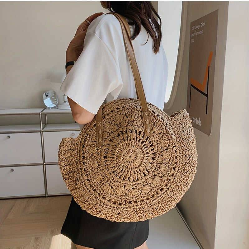 Round Embroidered Beach Straw Bag