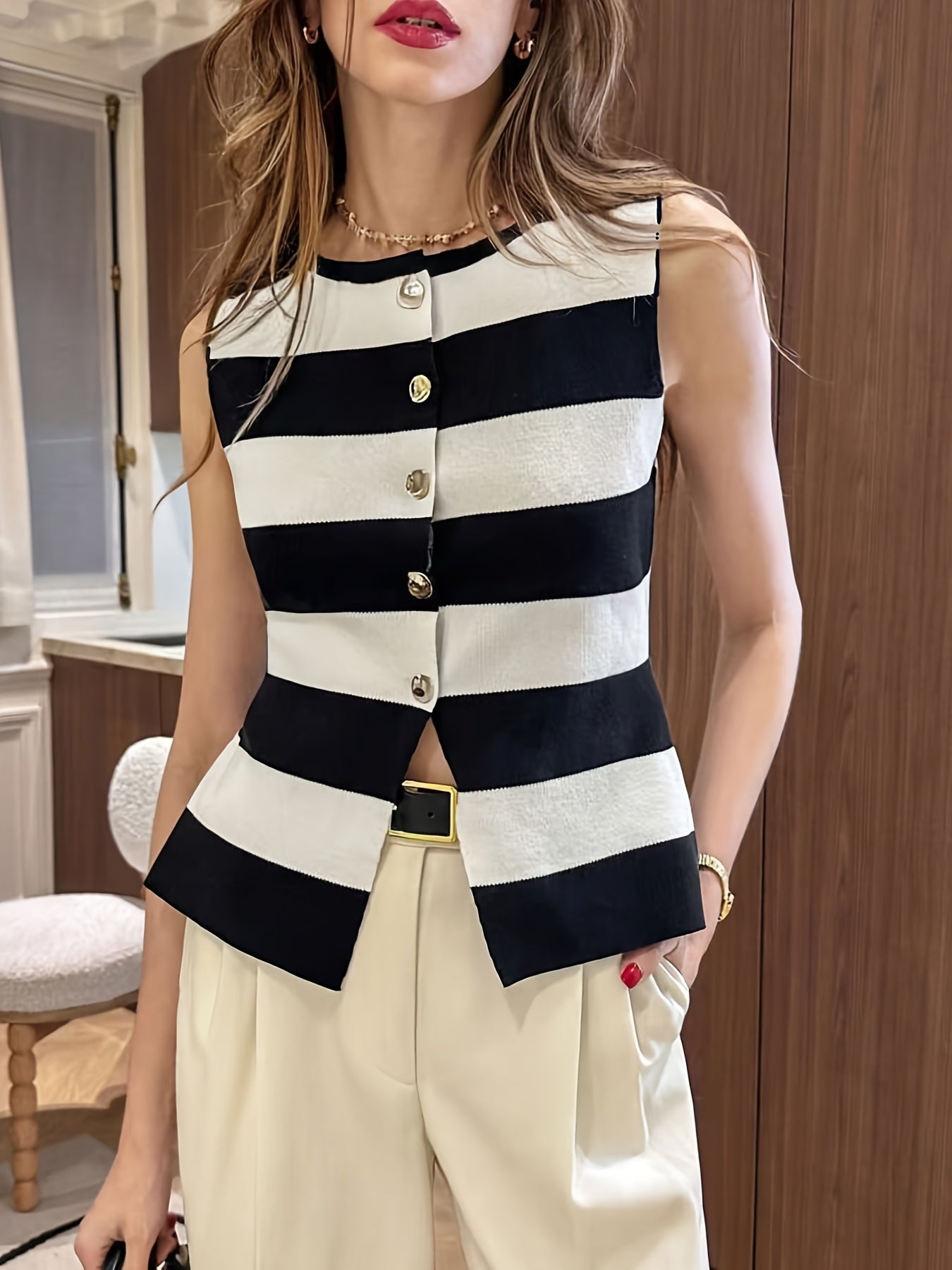 Striped Button-Up Vest Top