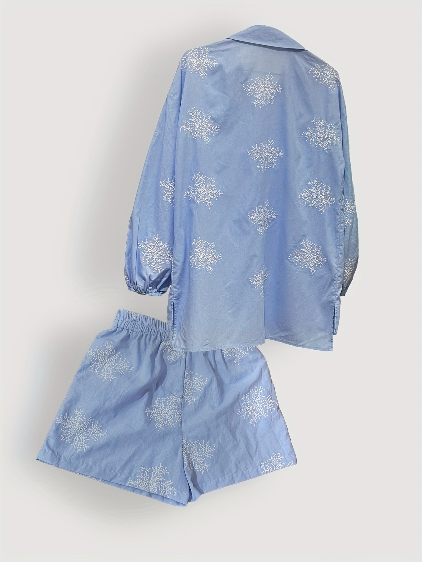 Women'S Elegant Floral Embroidered Blouse with Shorts Set - Light Blue Button-Up Shirt with Ruffled Sleeves and Tie Waist, Perfect for Spring/Summer, Casual Attire|Floral Print Top|Ruffled Sleeve Design