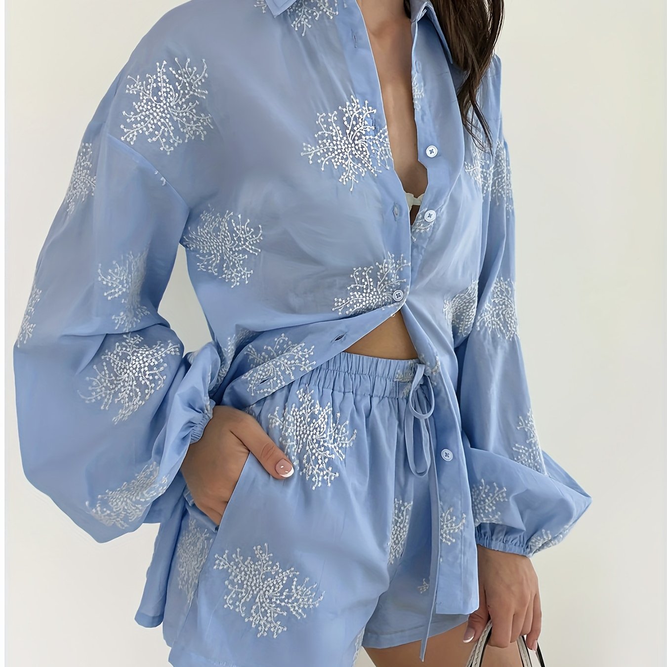 Women'S Elegant Floral Embroidered Blouse with Shorts Set - Light Blue Button-Up Shirt with Ruffled Sleeves and Tie Waist, Perfect for Spring/Summer, Casual Attire|Floral Print Top|Ruffled Sleeve Design