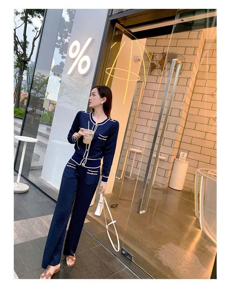 Luxury Elegant Trousers Suit Knitted Bright Cardigan set