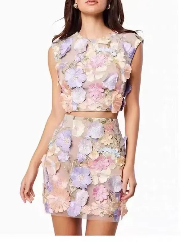 3D flowers Crop Top & Skirt