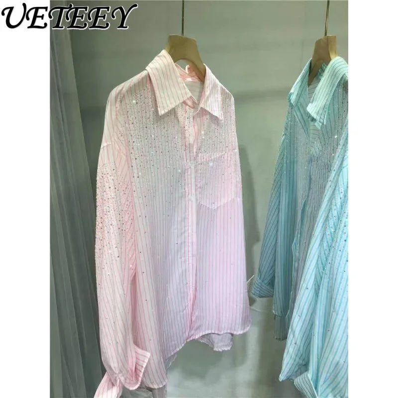 Lightweight Loose Stripes Rhinestone Shirt