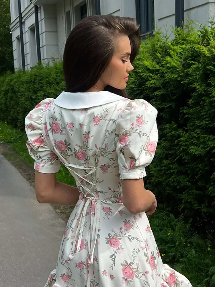 Chic Floral Puff Ruffle Dress