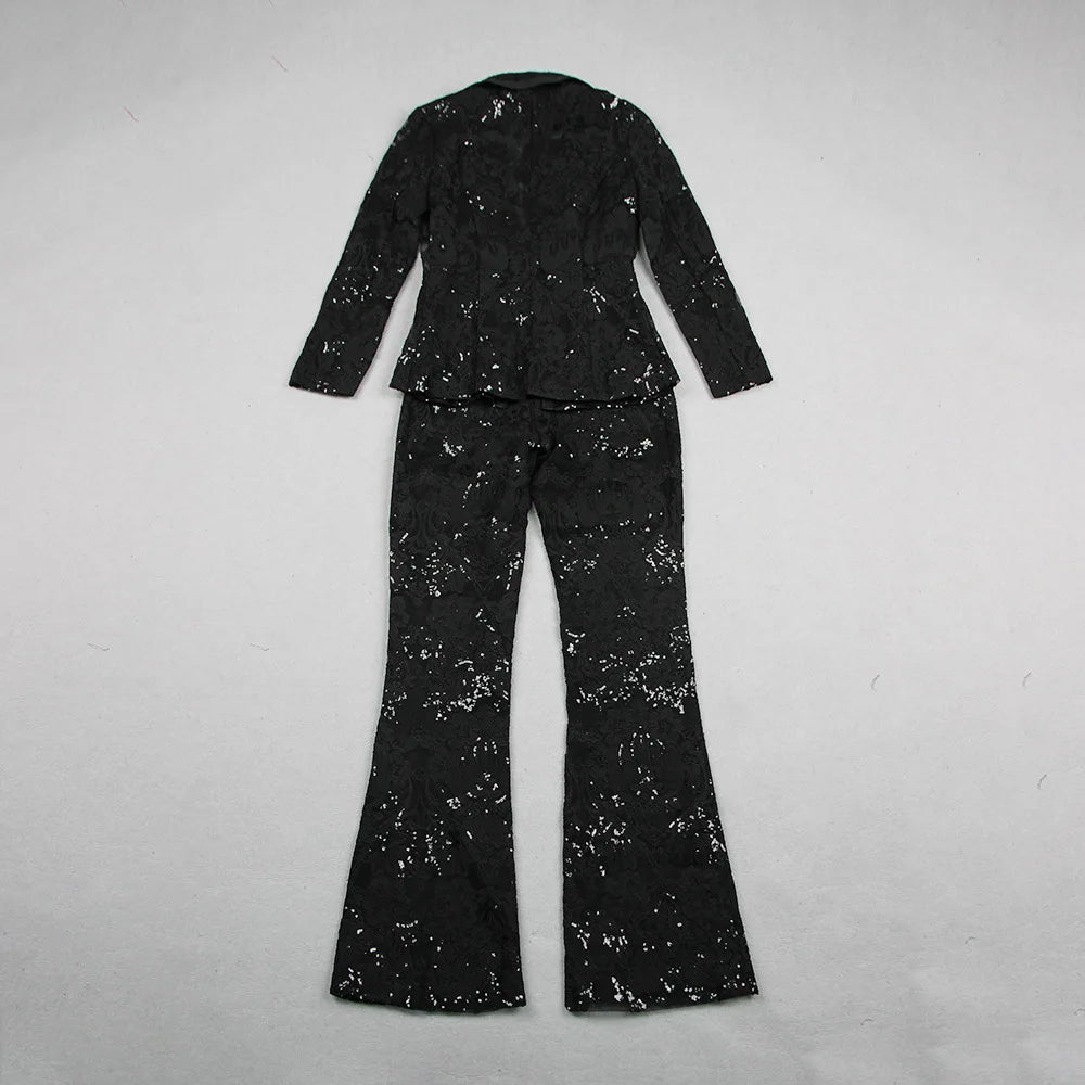 HIGH STREET Newest 2024 Designer Runway Suit Set Women's Single Button Guipure Lace Blazer Flare Pants Set