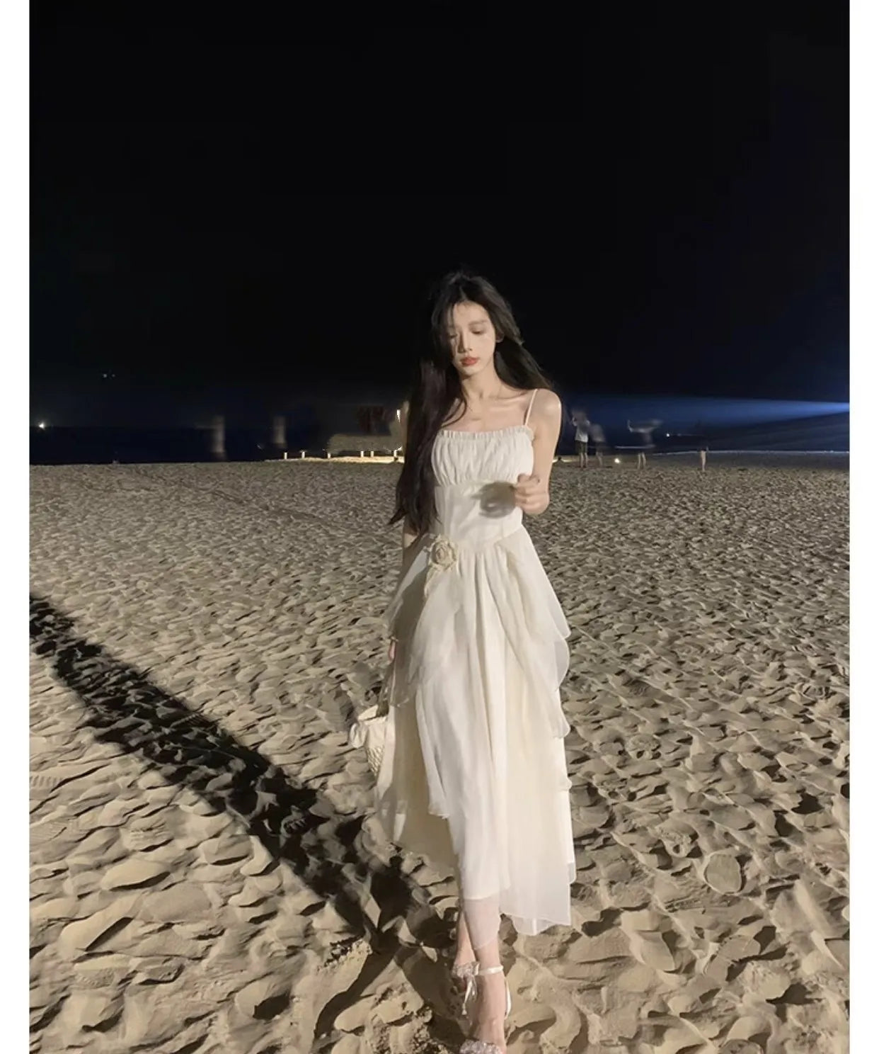 Elegantes unregelmäßiges Rüschen-Midikleid, Resort-Kleid, Strand