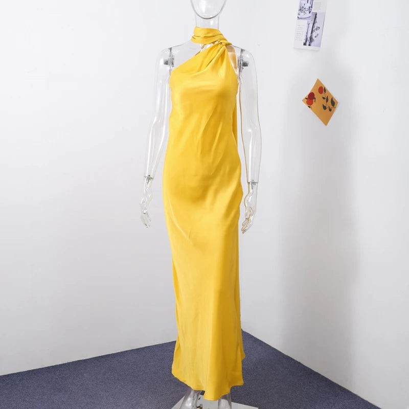 Elegant Satin Ribbons Halter Party Dress