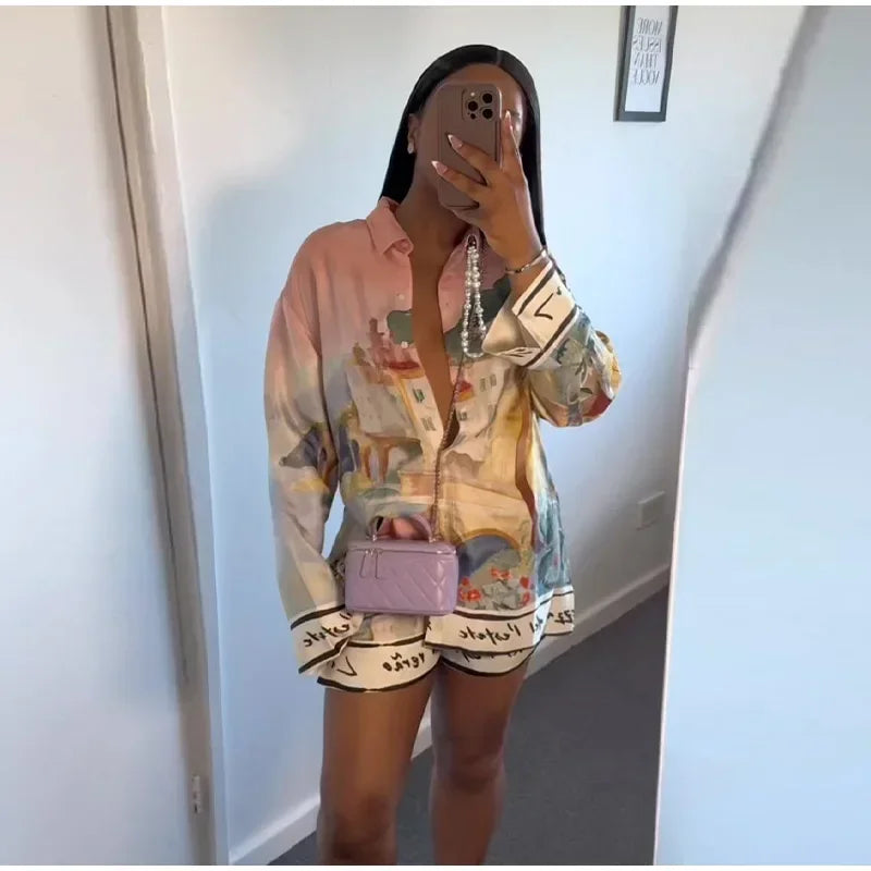 1 Loose Flower Printed Shirt Shorts Sets