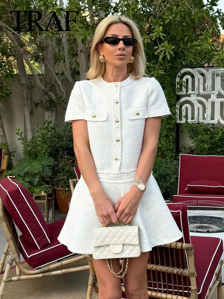 Chic O-Neck Party Dress Women Texture Pocket Single-Breasted premium