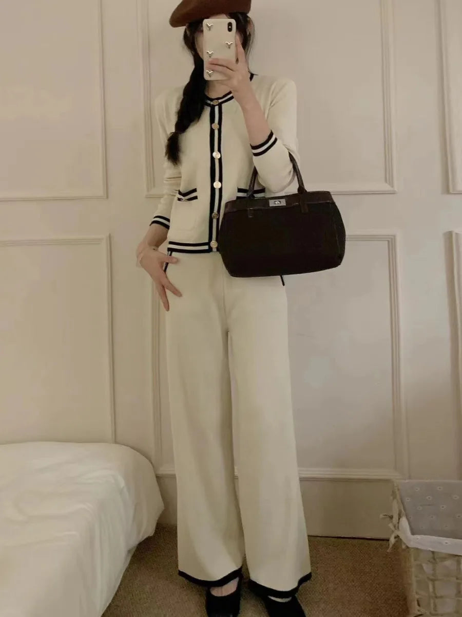 Strick-Cardigan + Hose mit weitem Bein, gestreift, lässig, 3-teiliges Set
