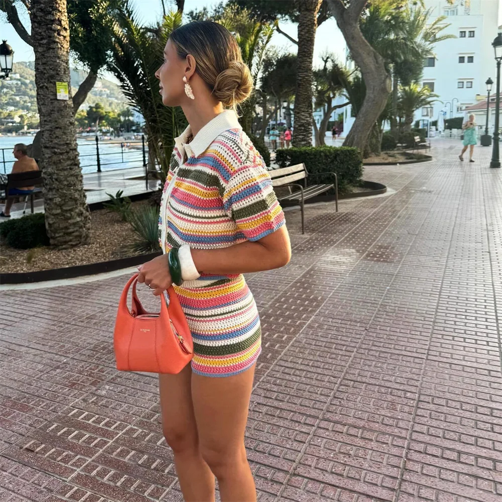 POLO collar short knitted striped shorts set