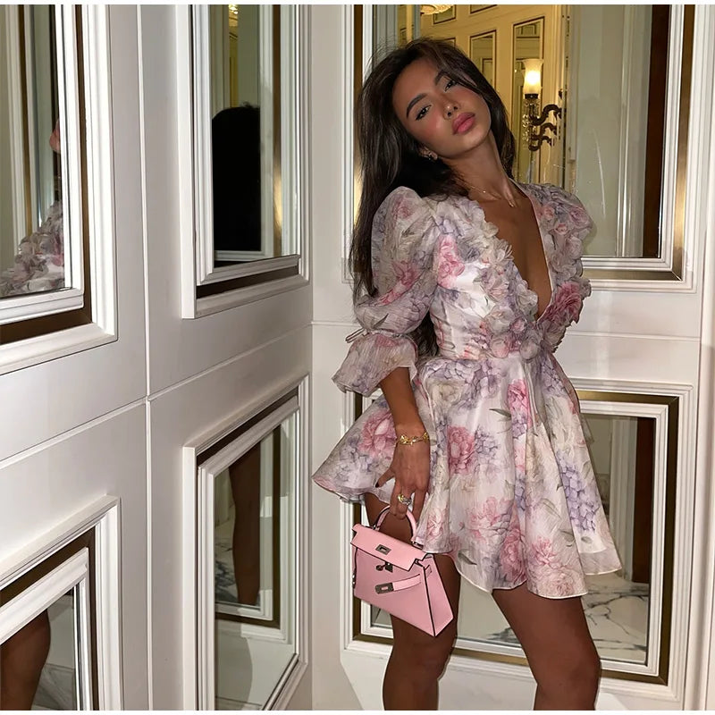 Chic Floral Puff Ruffle Dress