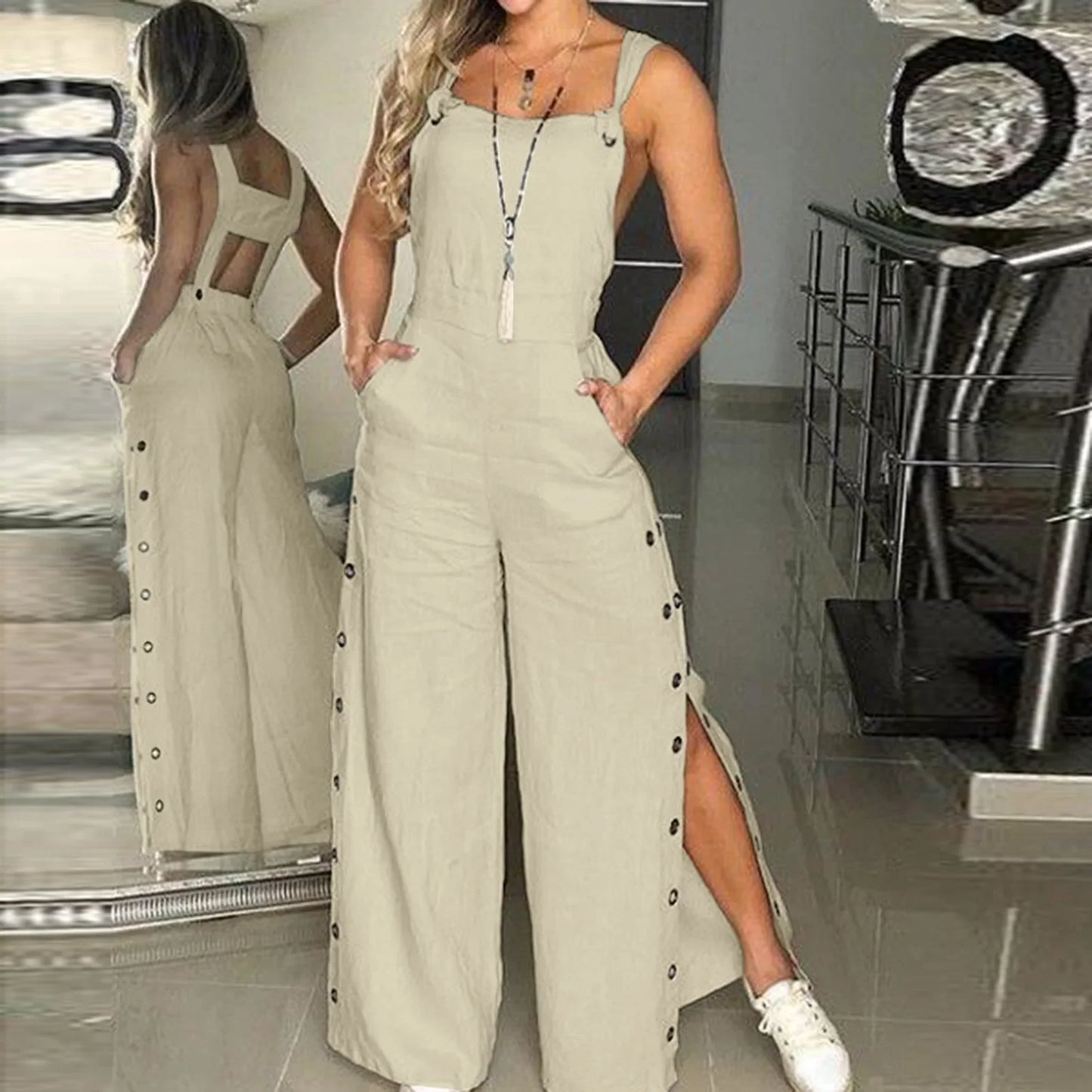 Sommer Jumpsuit Weites Bein Knopf