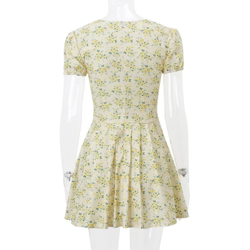 Yellow mini flowers V neck Mini