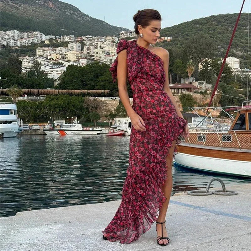 Floral One-Shoulder Chiffon Asymmetrical dress