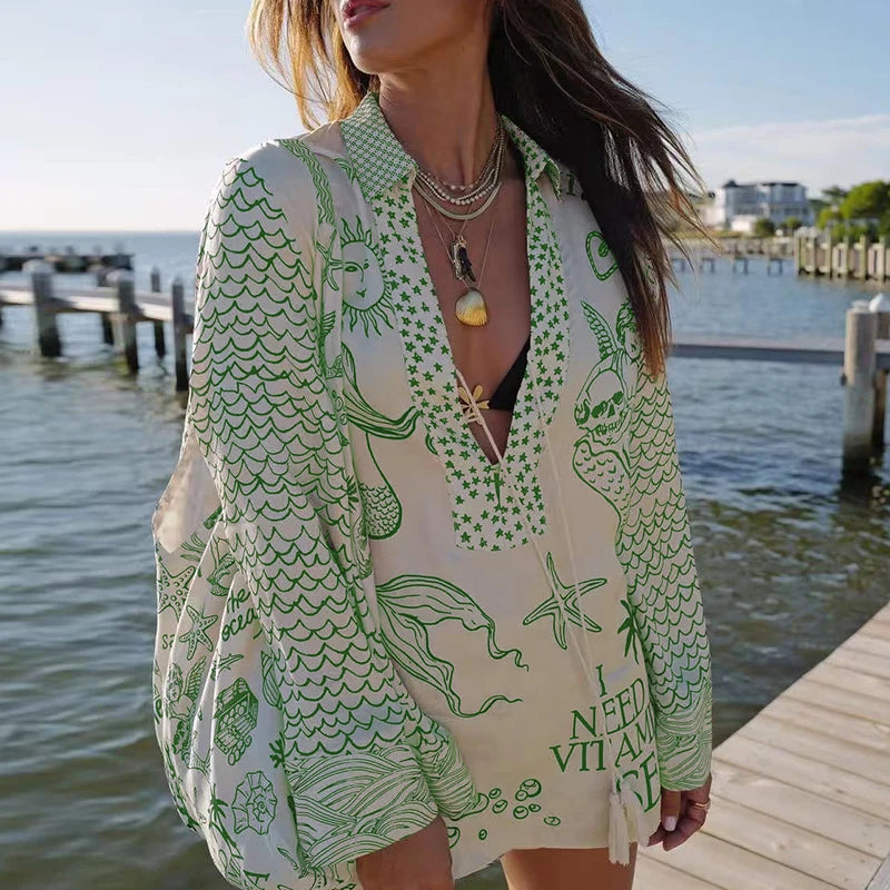 2 pcs set - Casual Wave Printed Satin & Shorts