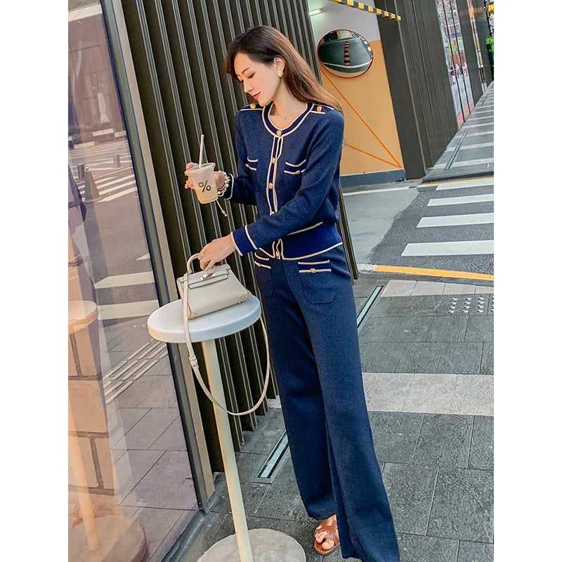 Luxury Elegant Trousers Suit Knitted Bright Cardigan set
