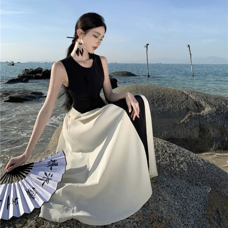 French Contrasting Color Patchwork Dress