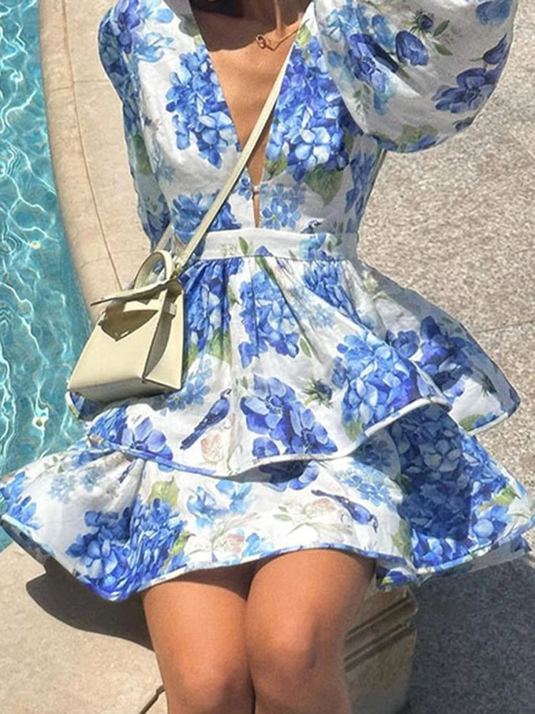Floral Mini Dresses Ruffles Layered