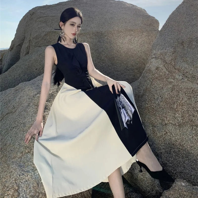 French Contrasting Color Patchwork Dress