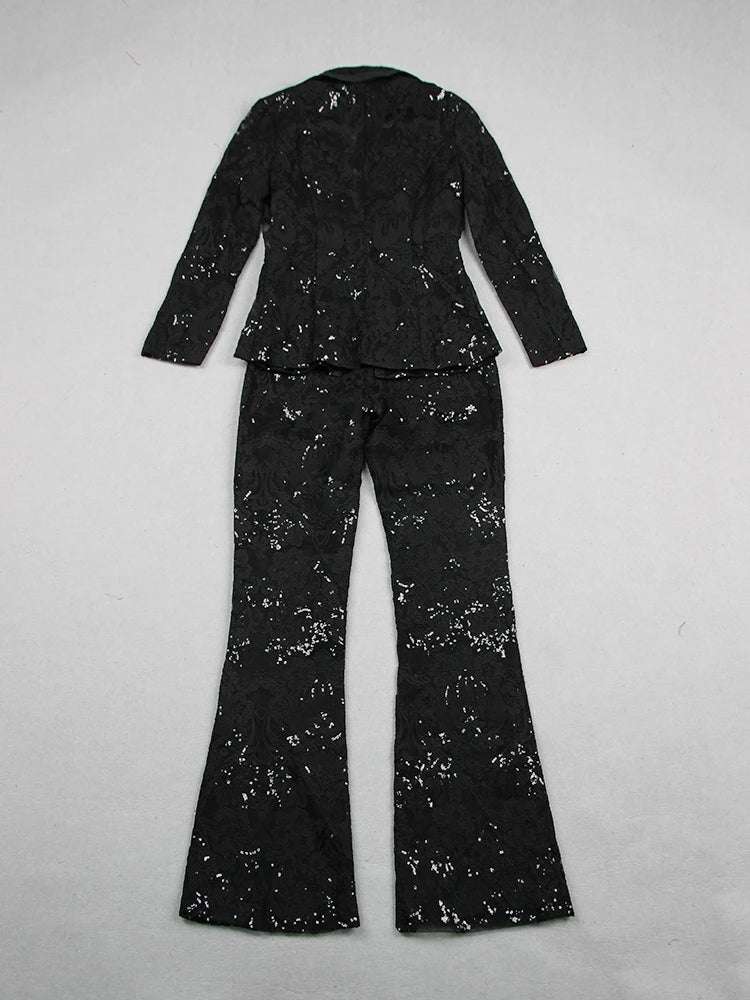 HIGH STREET Newest 2024 Designer Runway Suit Set Women's Single Button Guipure Lace Blazer Flare Pants Set