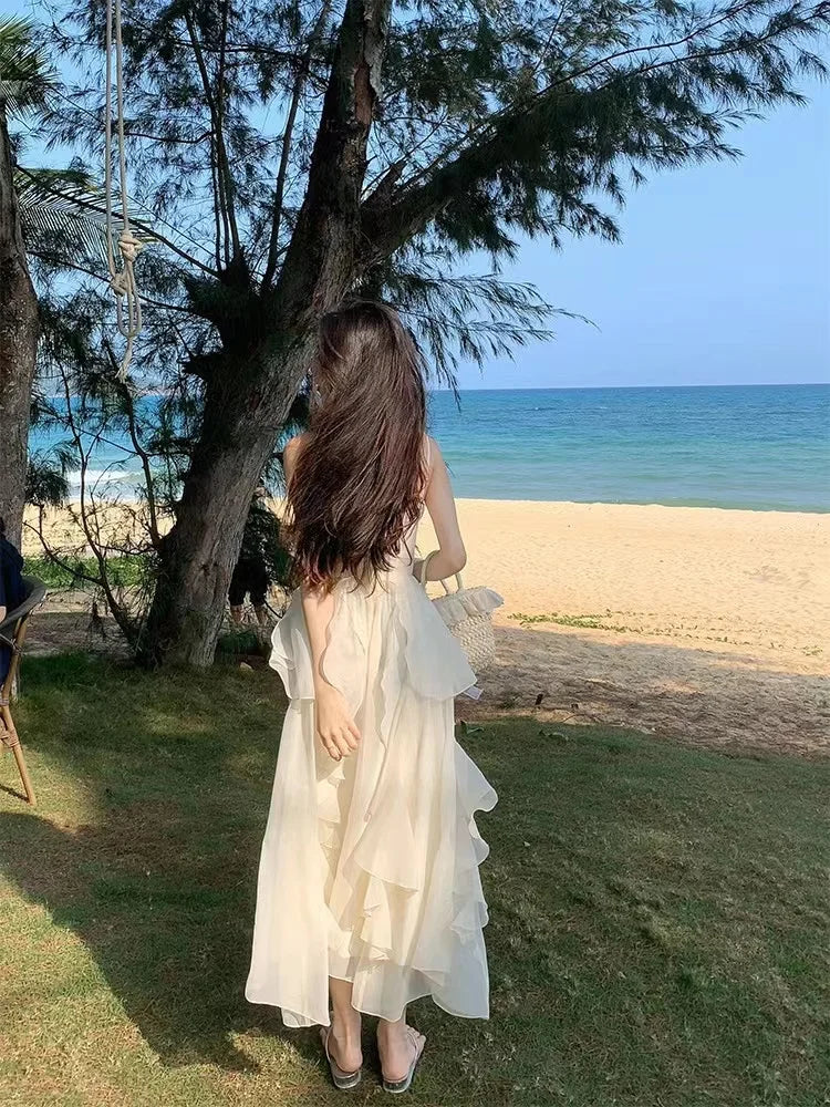 Elegantes unregelmäßiges Rüschen-Midikleid, Resort-Kleid, Strand