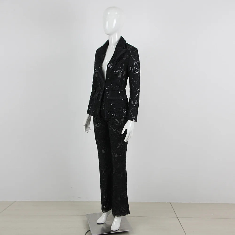 HIGH STREET Newest 2024 Designer Runway Suit Set Women's Single Button Guipure Lace Blazer Flare Pants Set