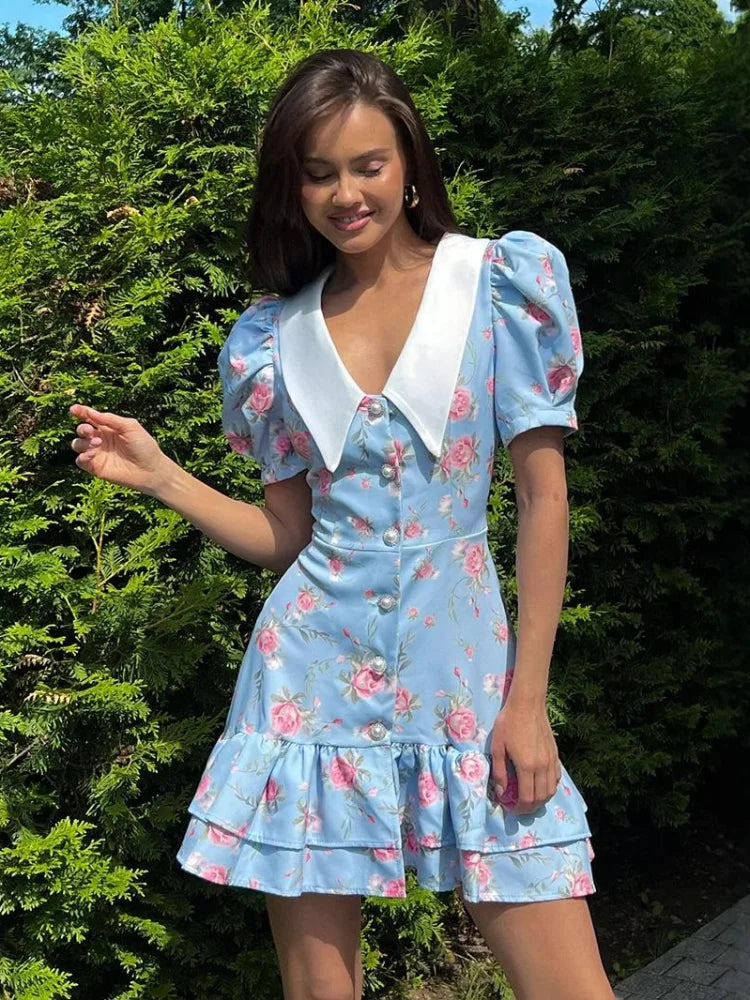 Chic Floral Puff Ruffle Dress
