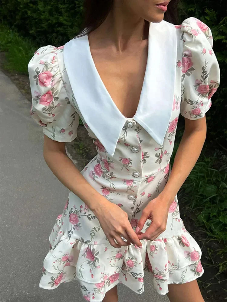 Chic Floral Puff Ruffle Dress