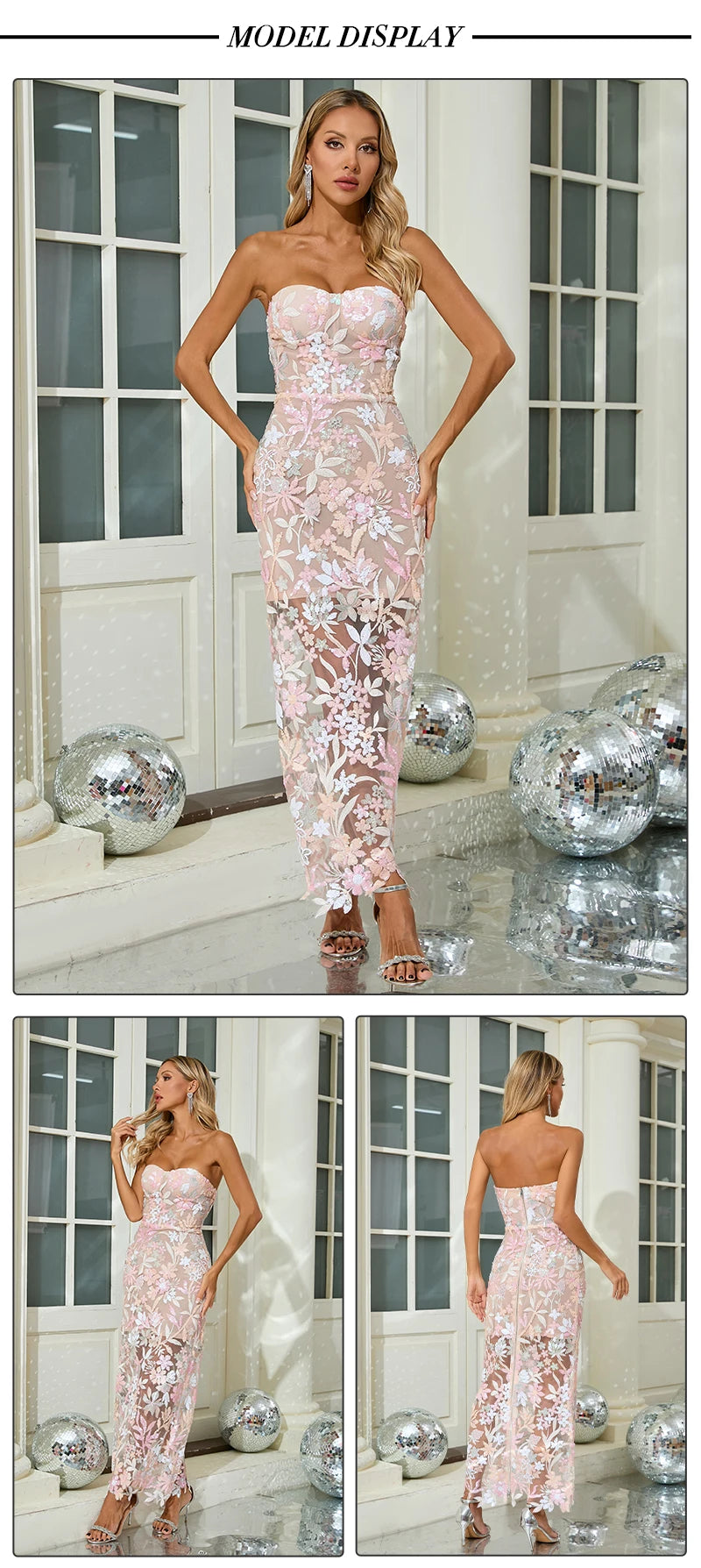 VC Floral Embroidery Sequins Long Dress Strapless Mesh