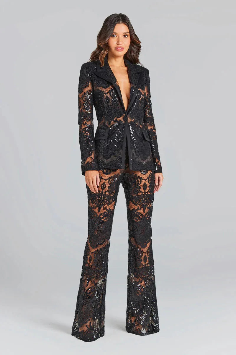 HIGH STREET Newest 2024 Designer Runway Suit Set Women's Single Button Guipure Lace Blazer Flare Pants Set
