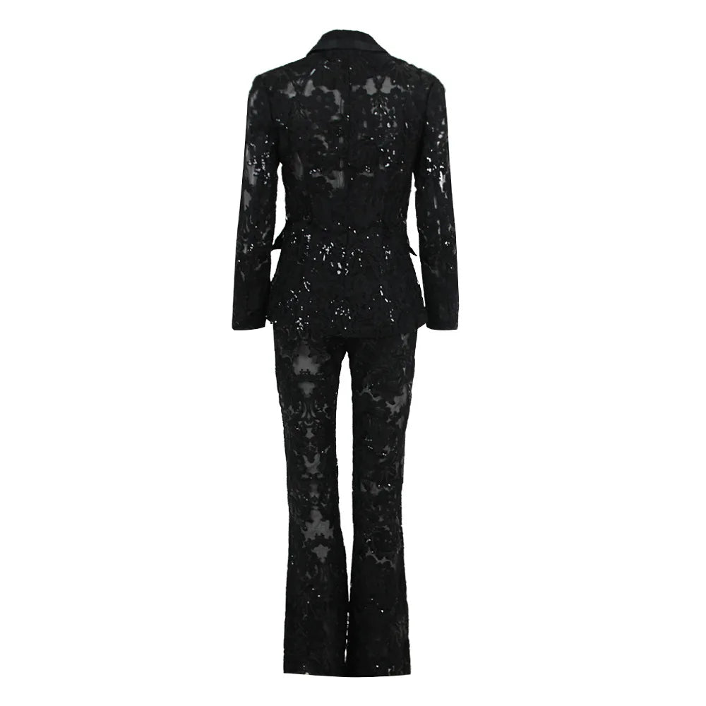 HIGH STREET Newest 2024 Designer Runway Suit Set Women's Single Button Guipure Lace Blazer Flare Pants Set