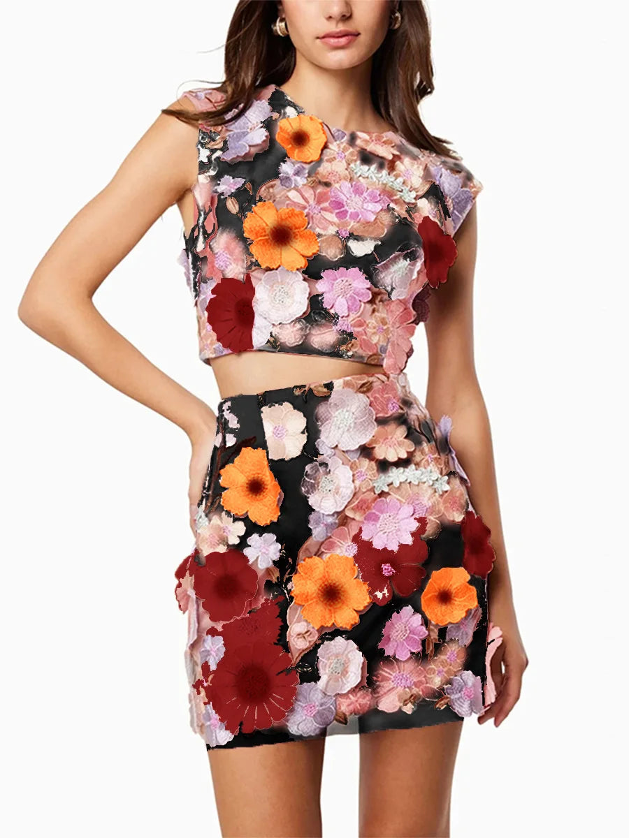 3D flowers Crop Top & Skirt