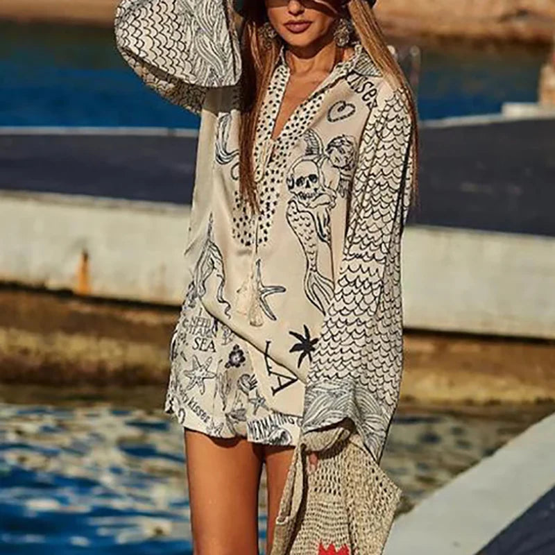 2 pcs set - Casual Wave Printed Satin & Shorts