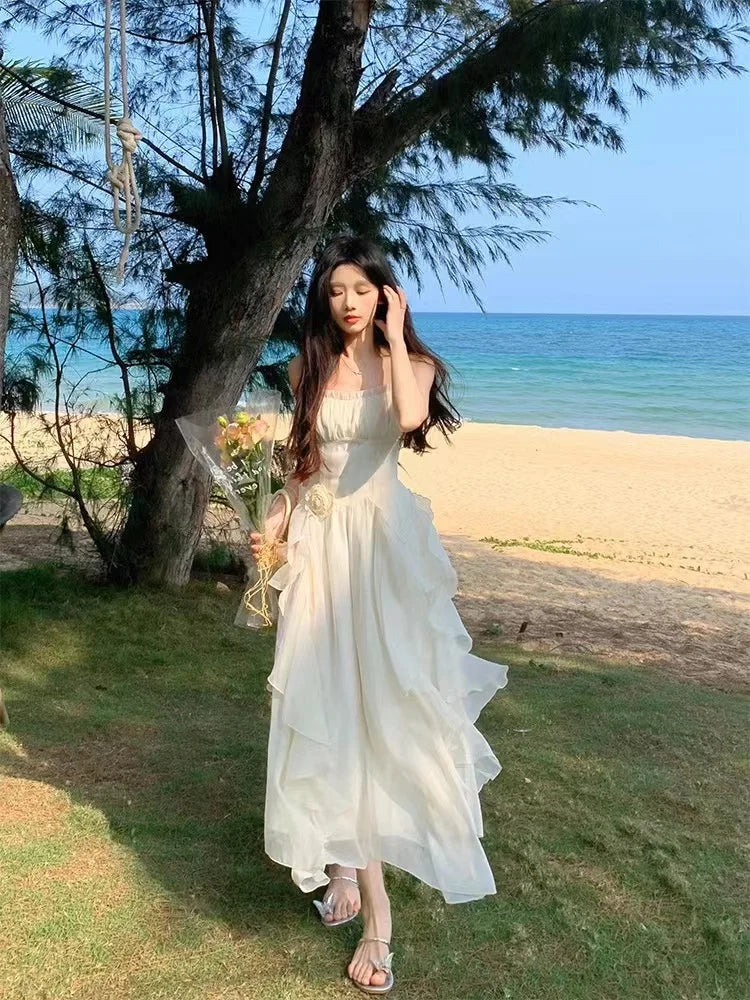 Elegantes unregelmäßiges Rüschen-Midikleid, Resort-Kleid, Strand
