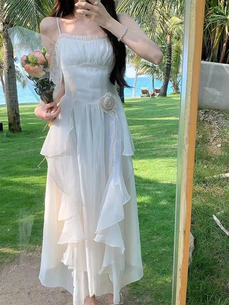 Elegantes unregelmäßiges Rüschen-Midikleid, Resort-Kleid, Strand