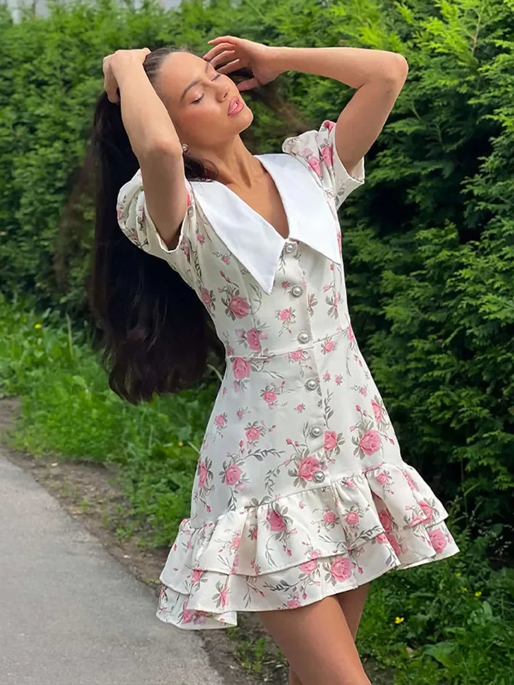 Chic Floral Puff Ruffle Dress