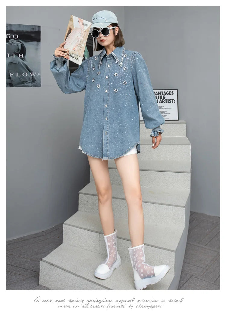Chic Diamonds Beaded Denim shirt