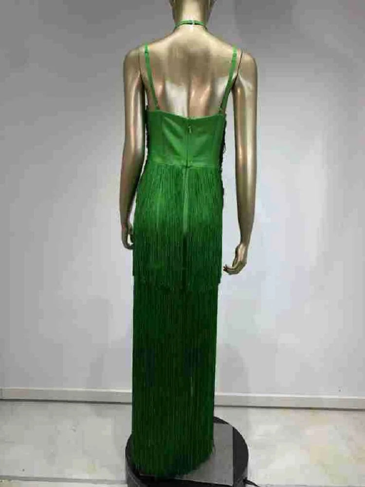 Celebrity Sexy Tassel Green Dress