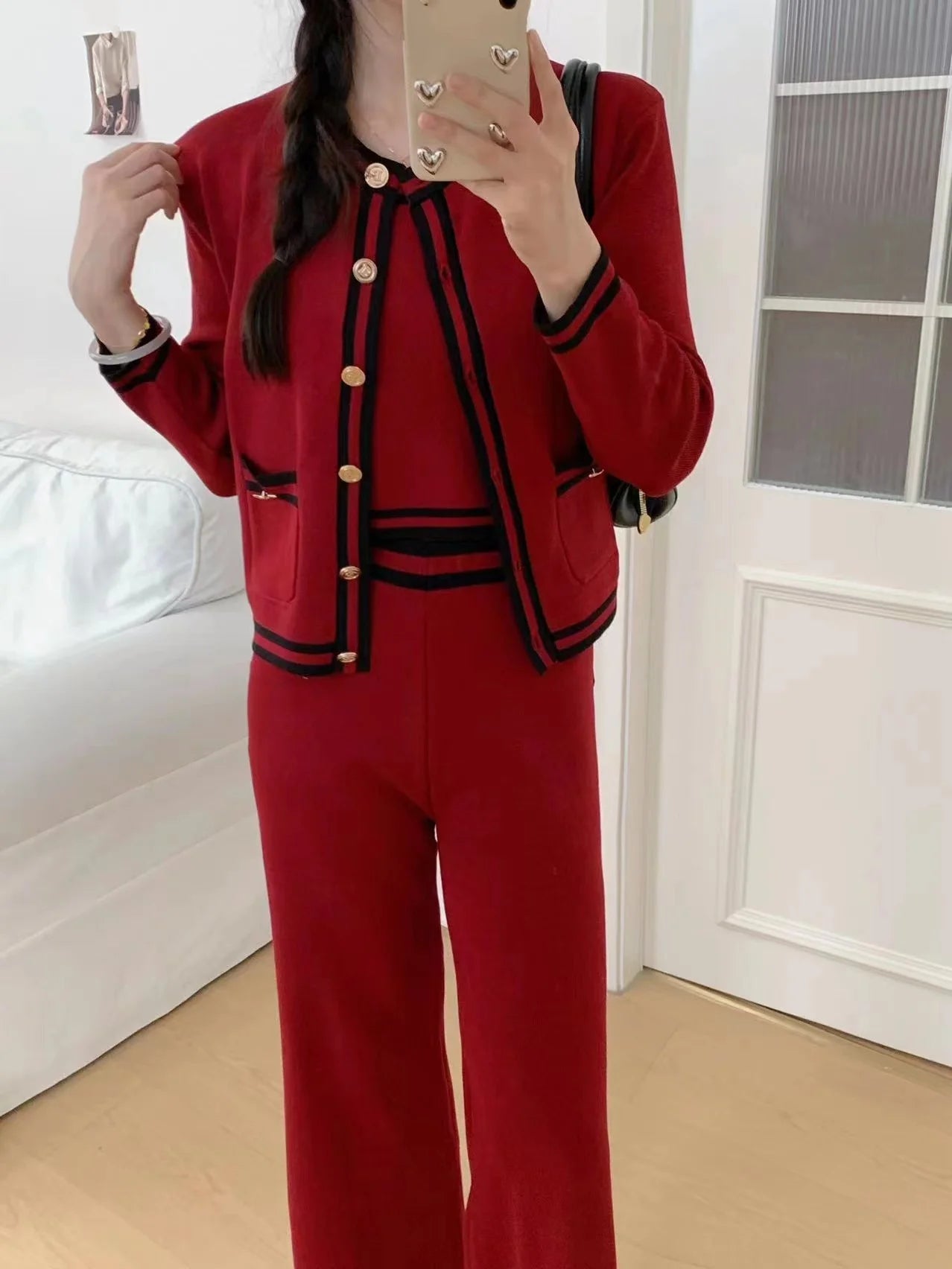Strick-Cardigan + Hose mit weitem Bein, gestreift, lässig, 3-teiliges Set