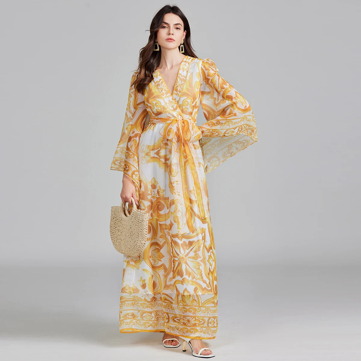 Golden White Porcelain Flower Print Lantern Sleeve
