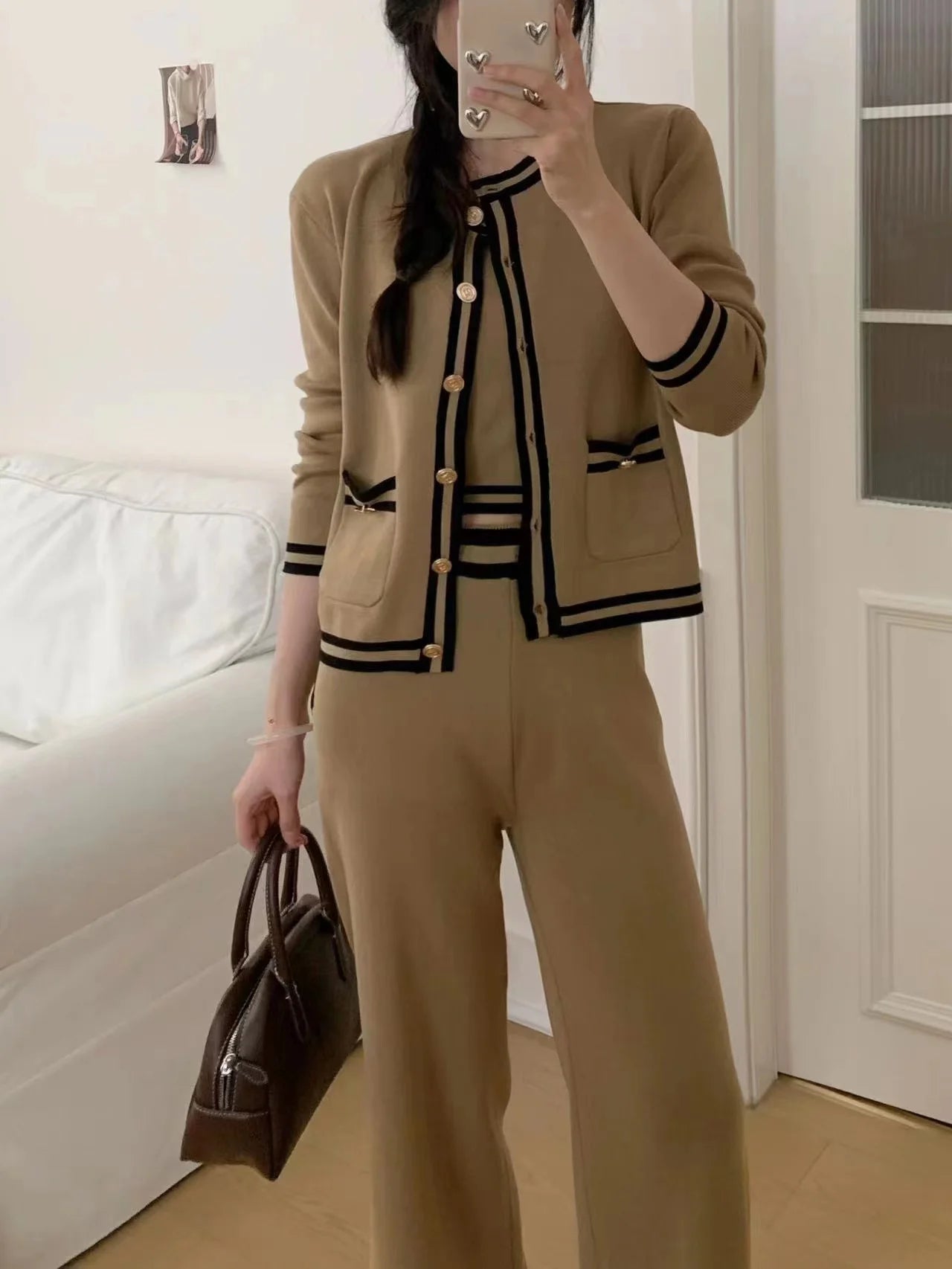 Strick-Cardigan + Hose mit weitem Bein, gestreift, lässig, 3-teiliges Set