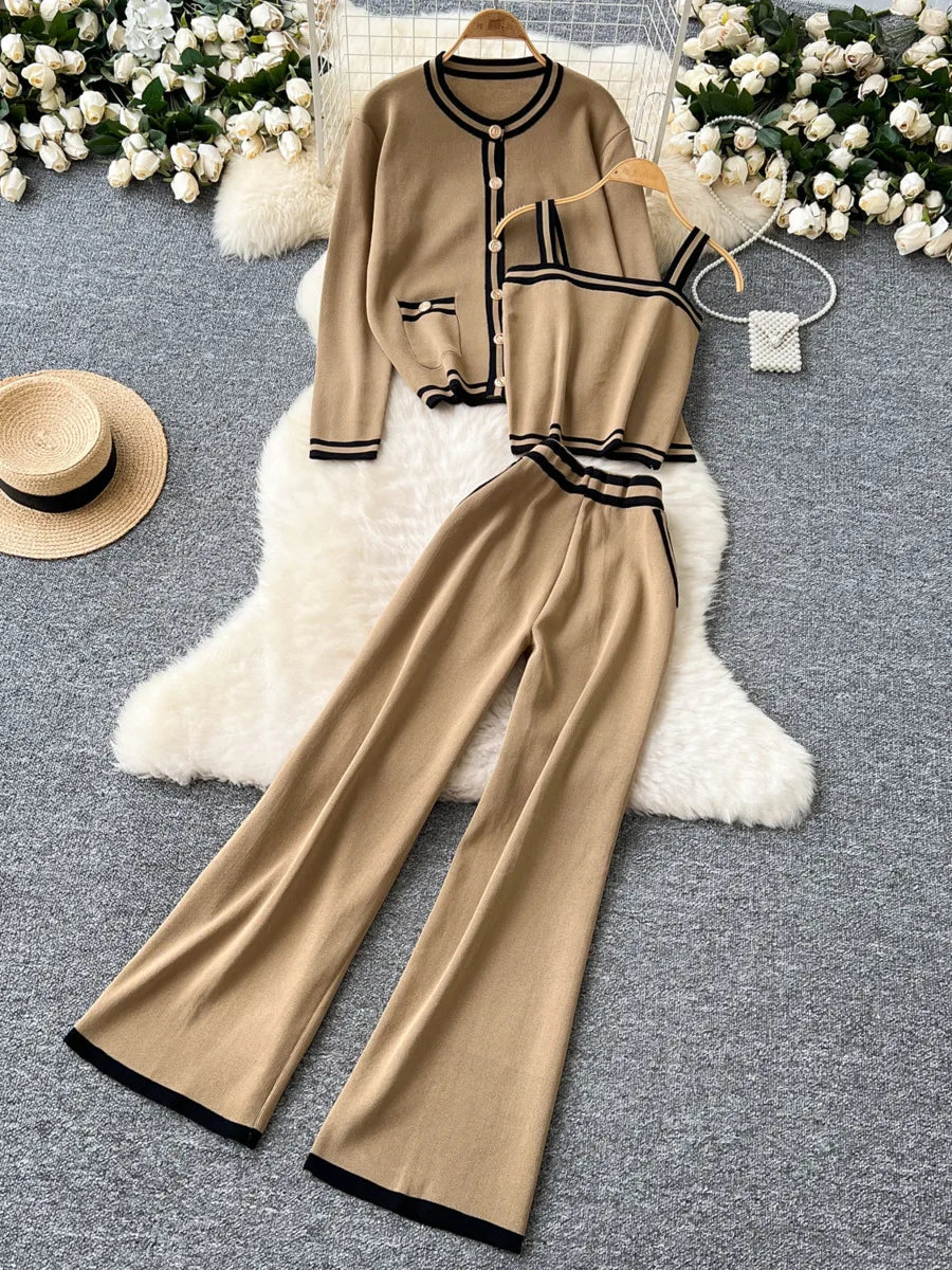 Strick-Cardigan + Hose mit weitem Bein, gestreift, lässig, 3-teiliges Set