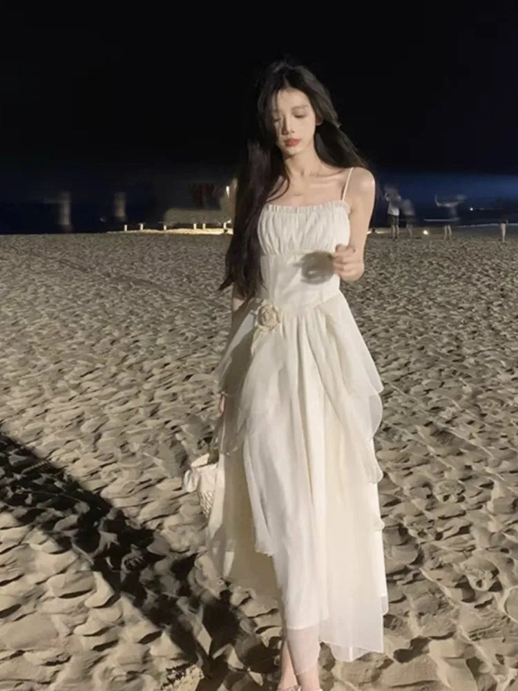 Elegantes unregelmäßiges Rüschen-Midikleid, Resort-Kleid, Strand
