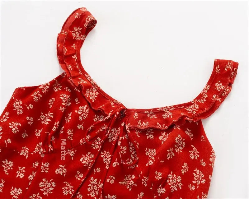 French Vintage Red Floral Print Dress