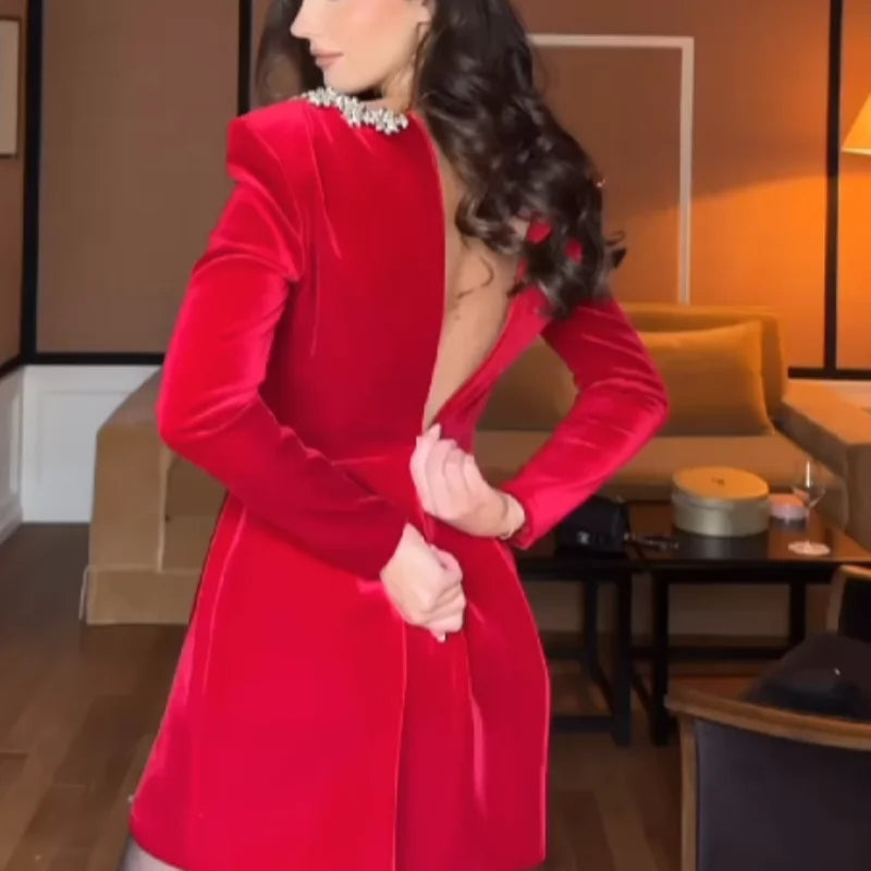 Rhinestone Red Velet Short Vestidos Evening Party Dresses