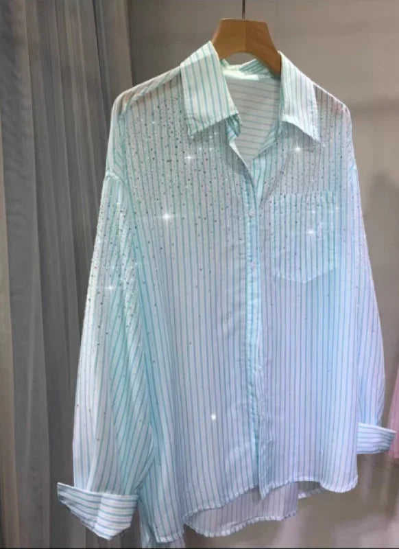 Lightweight Loose Stripes Rhinestone Shirt
