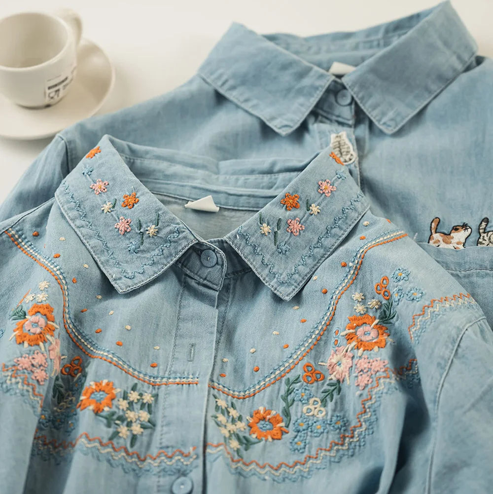 Embroidered denim designer shirts blouses