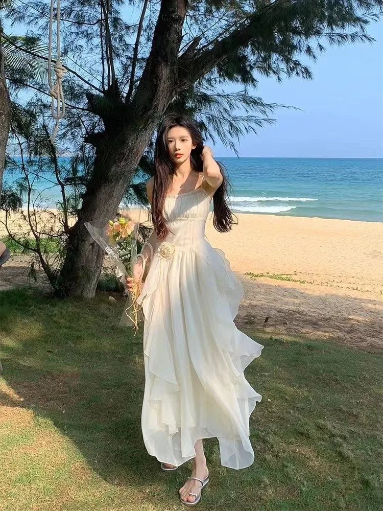 Elegantes unregelmäßiges Rüschen-Midikleid, Resort-Kleid, Strand
