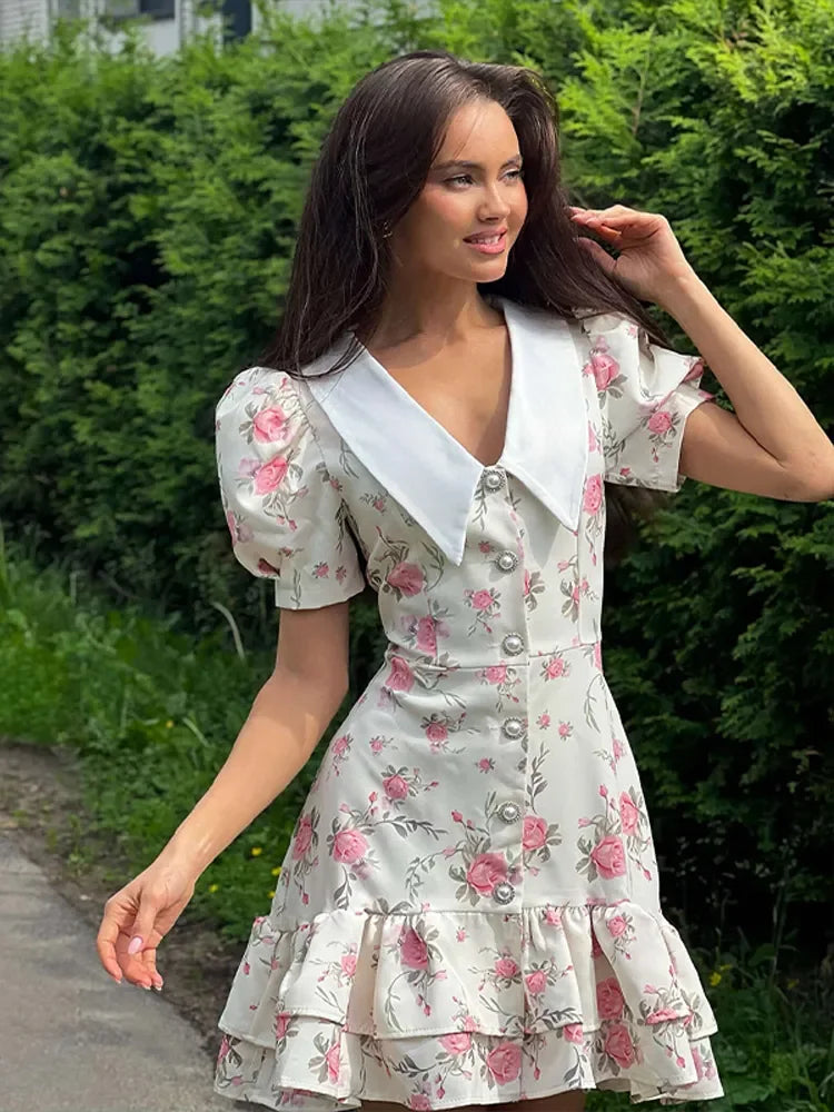 Chic Floral Puff Ruffle Dress